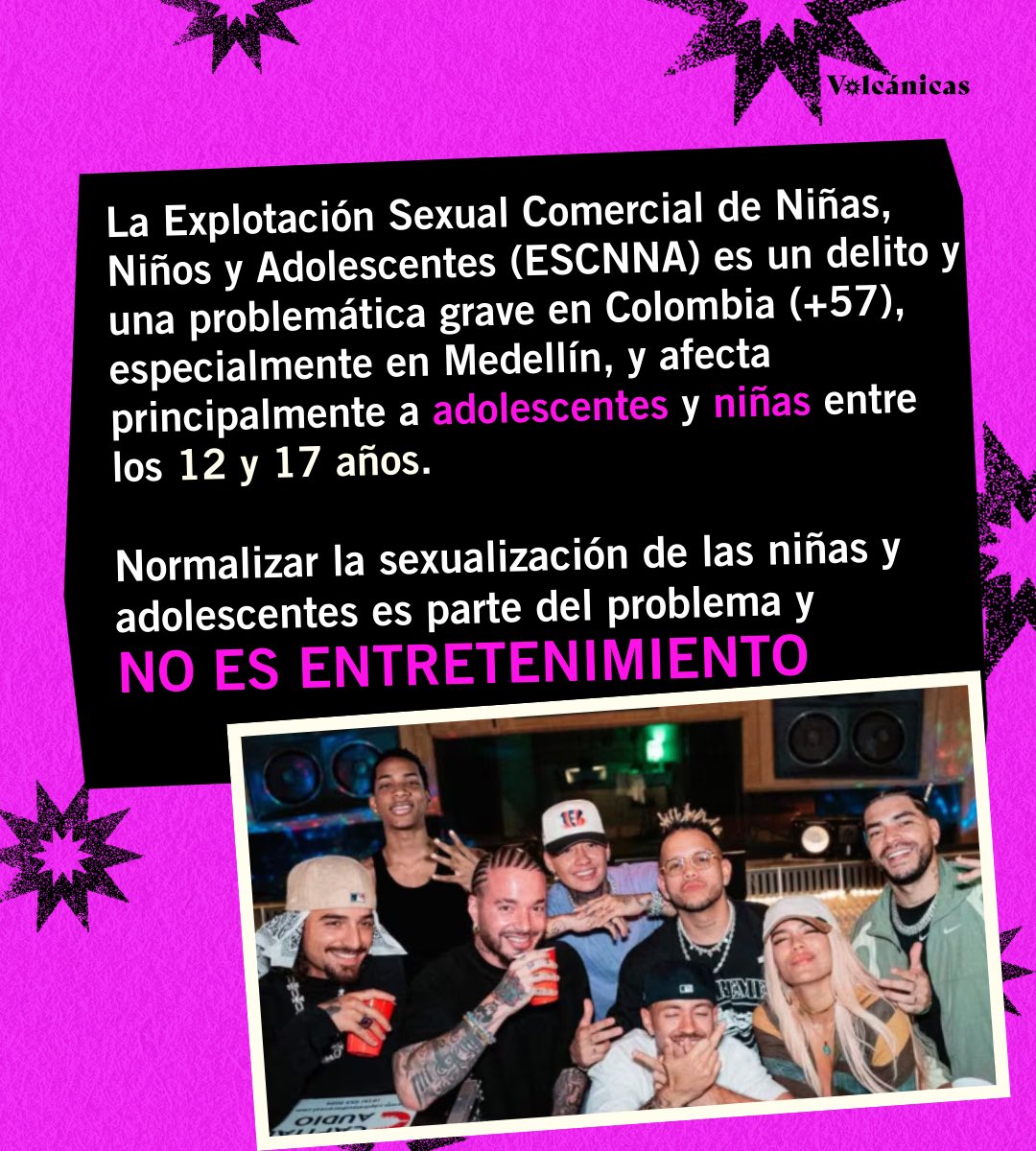 VolcanicasRev's tweet photo. ⚠️ Los reguetoneros más importantes de Colombia se unieron para hacer +57, una canción que dice “una mamacita desde los 14”. Esto, en una ciudad como Medellín, con un grave problema de explotación sexual infantil. ¿Nadie se dio cuenta? 🤯 https://t.co/TceLjJY8NH