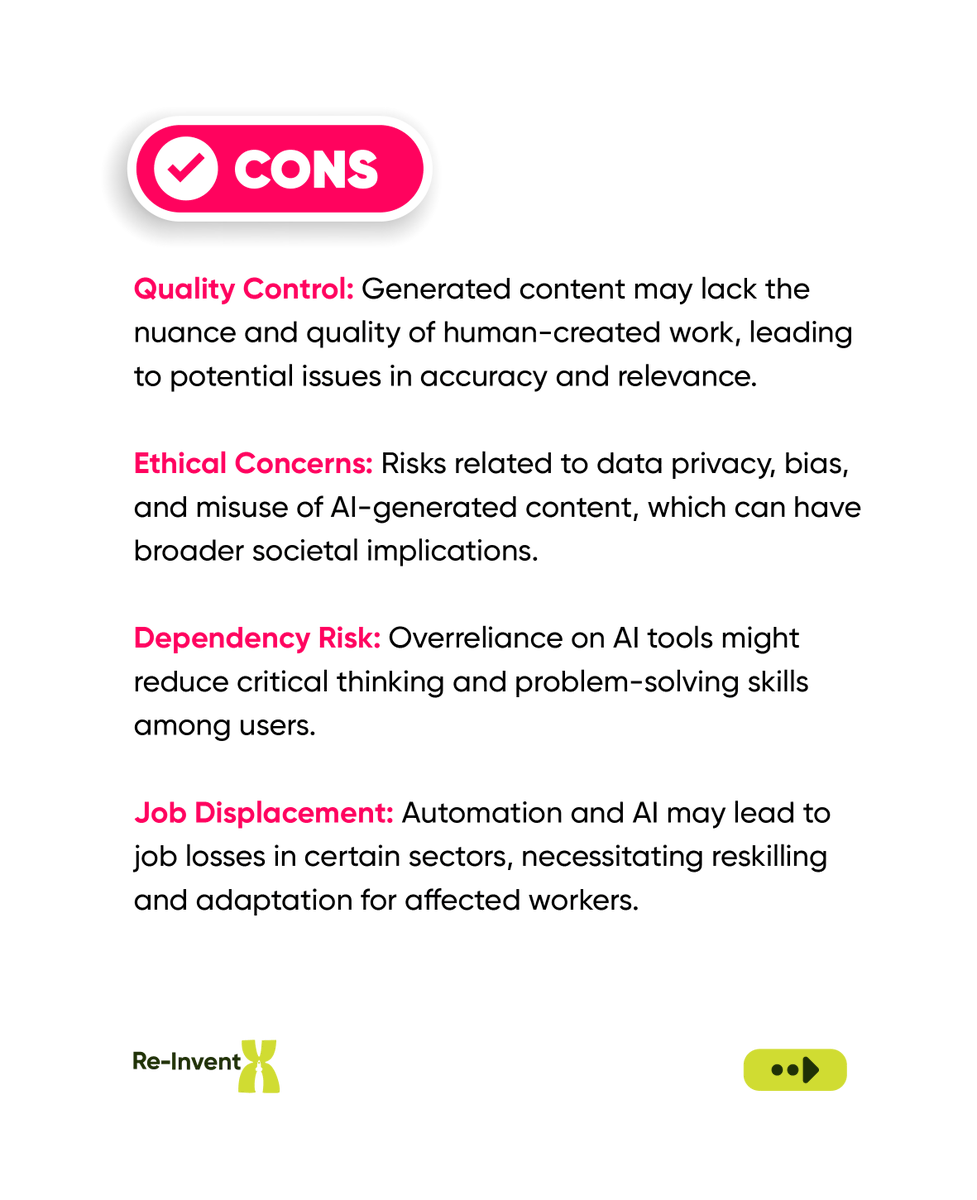 BraveAchievers's tweet photo. Generative AI is a game-changer: it boosts creativity, saves time, and handles boring tasks. But, it’s not perfect—think bias, security, and the occasional weird output. Learn more on how to best to use it to benefit you at The Re-InventX summit! #GenerativeAI #TechJob #AIUse https://t.co/y1geZFlHa9