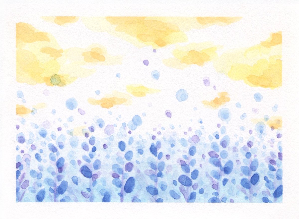 水彩色鉛筆練習。青系と黄色系の組み合わせが好きすぎて描いてて癒やされる✨