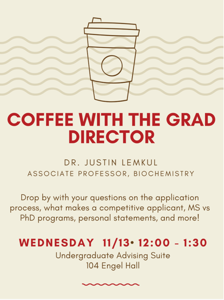 💯🔬As application deadlines for MS and PhD programs are drawing near, we're excited to bring you an opportunity to speak with Biochemistry's Graduate Program Director, Dr. Justin Lemkul.  Dr. Lemkul will be available to answer your questions on MS and PhD programs - not just