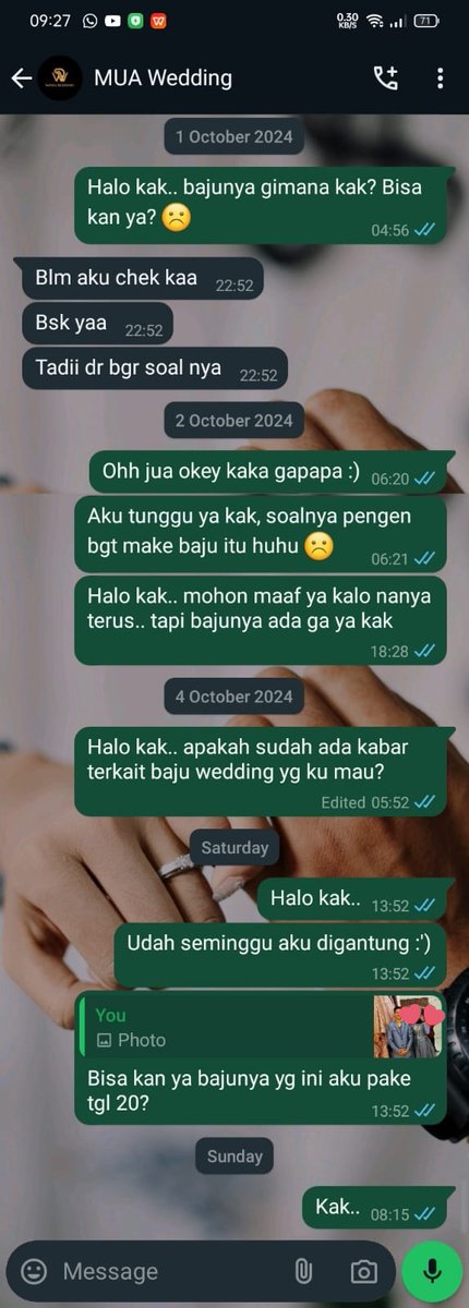 vioo____'s tweet photo. 8
singkat cerita H-22 nikah, gw ngechat admin MUA pgn konfirmasi untuk mengubah baju ke 3
gw jg dm ke ig si MUA biar chat gw dibales
DAN TENTU SAJA CHAT GW GA DIBALES https://t.co/oaXXWeZ7Uf
