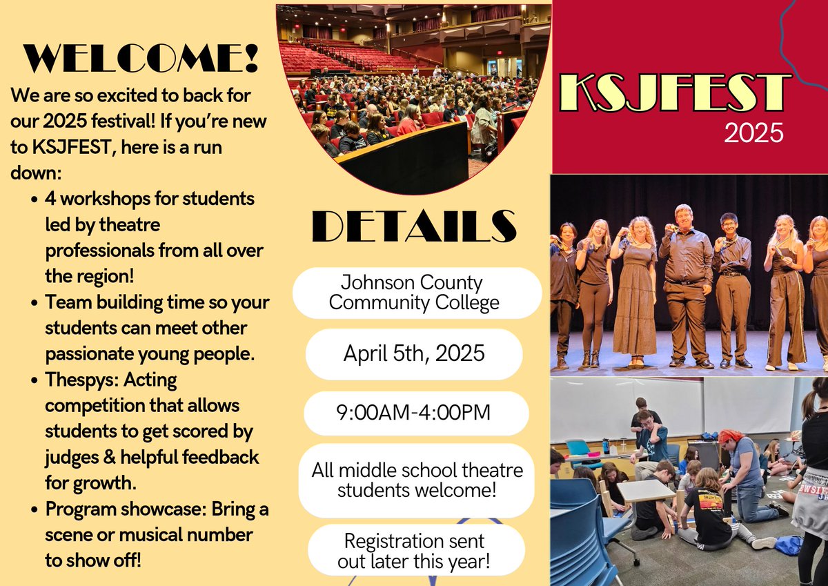 Have you heard?!
KSJFest is back for 2025! 
We are so excited to see you all April 5th. 
Sponsors/directors - didn't receive this message in our email list? Send us a dm and we will get you on it for all the details! #KansasJuniorThespians