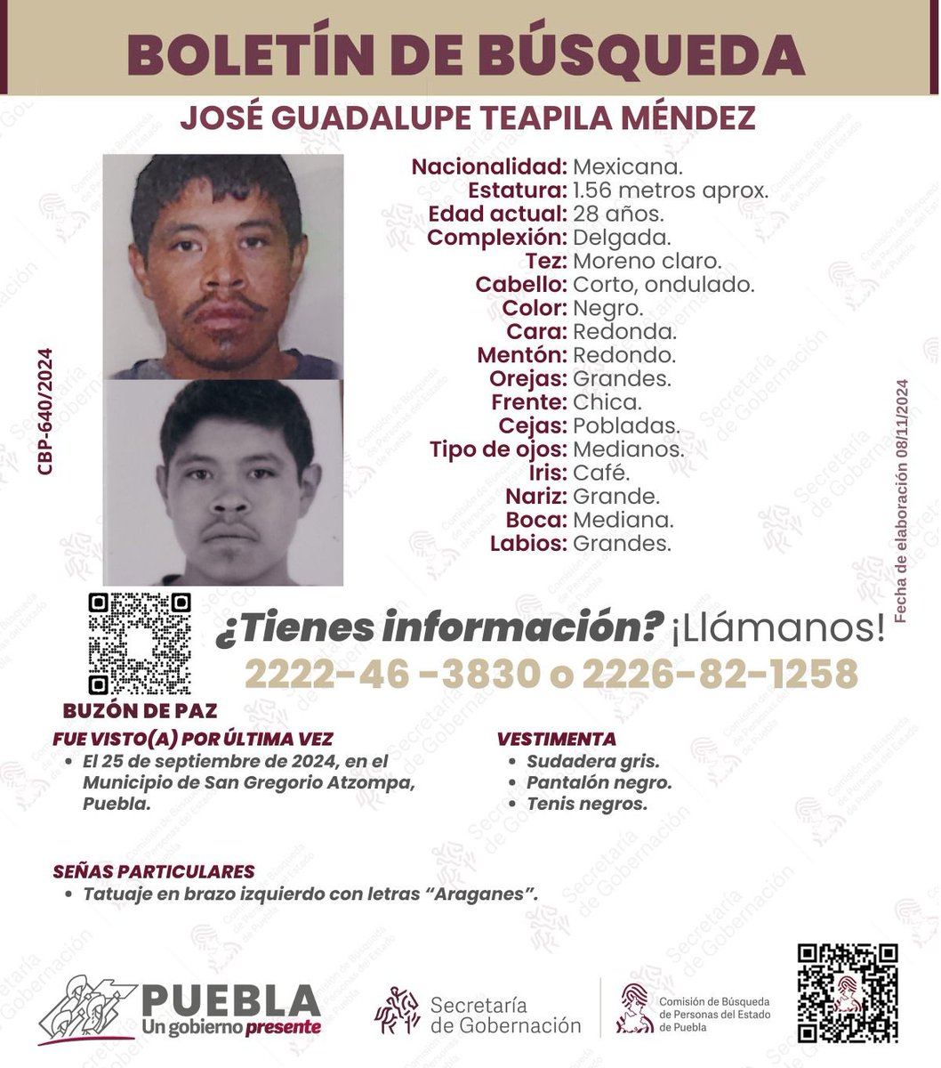 TribunaVigila's tweet photo. #Ayuda para localizar a José Guadalupe Teapila Méndez de 28 años, fue visto por última vez el #25deSeptiembre en #SanGregorioAtzompa, #Puebla. #Comparte #ServicioSocial #LaVozDeLosPoblanos #SeBusca🔎 https://t.co/F4a7KI1PKq