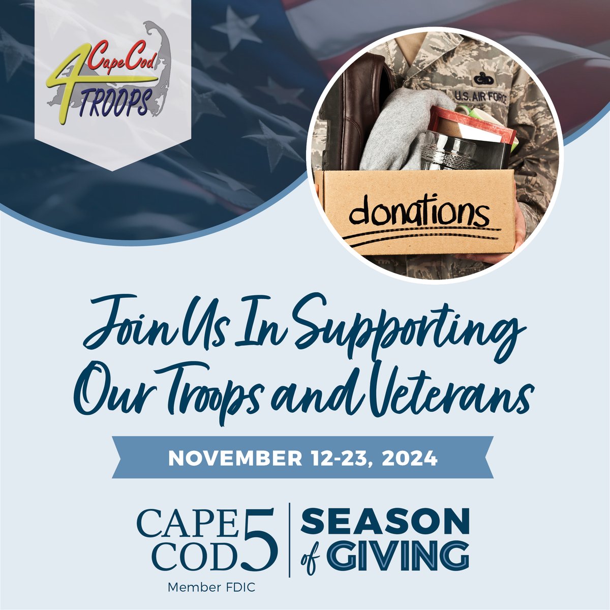 Cape Cod 5 (@capecodfive) on Twitter photo Cape Cod 5 is collecting contributions for care packages for active service members & local veterans on behalf of <a href="/CCC4TT/">CCC4TT</a>. Stop by any of our Banking Centers from November 12-23 to donate items to provide some holiday comfort for our troops & veterans. ā” capecodfive.com/military-donat⦠Cape Cod 5 is collecting contributions for care packages for active service members & local veterans on behalf of <a href="/CCC4TT/">CCC4TT</a>. Stop by any of our Banking Centers from November 12-23 to donate items to provide some holiday comfort for our troops & veterans. ā” capecodfive.com/military-donatā¦