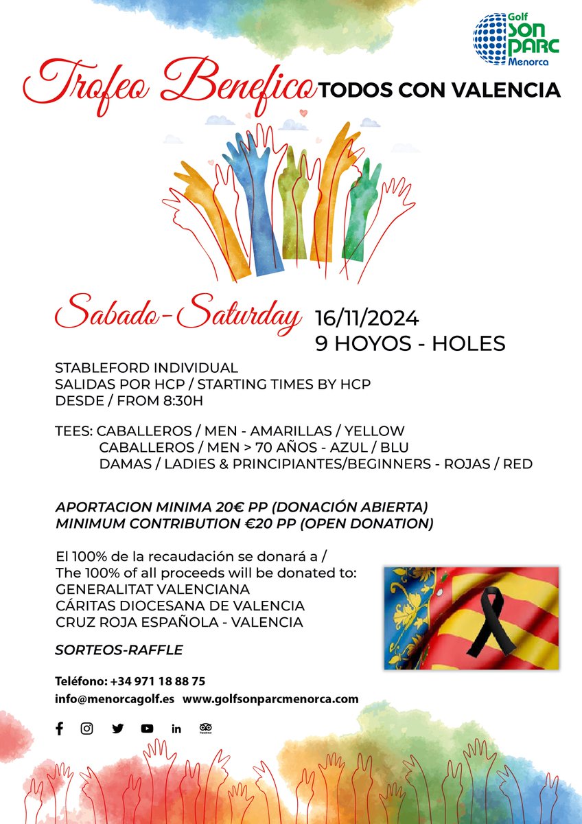 GOLFMENORCA's tweet photo. Sabado 16/11 tendrá lugar la competicon benefica TODOS CON VALENCIA. El 100% de la recaudación se donará a las victimas de la DANA 🫶
Saturday 16/11, it'll take place the charity competition TODOS CON VALENCIA. The 100% of all proceeds will be donated to the DANA's victims 🙏 https://t.co/FBDWp3QlBm