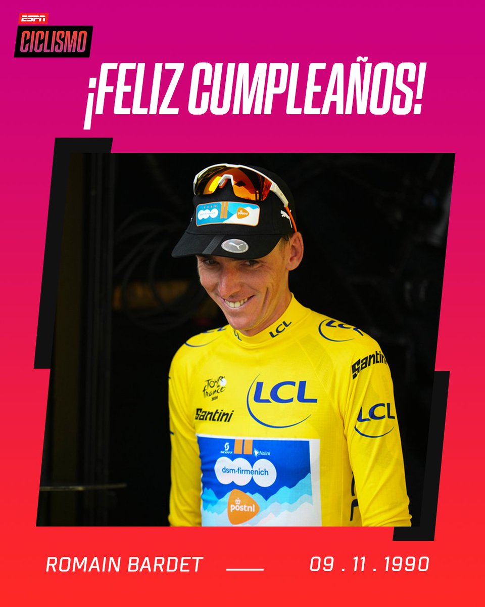 ESPNCiclismo's tweet image. ¡Joyeux anniversaire. Romain! 🎂🥳

#Bardet, ciclista de incontables e incansables batallas en el pelotón World Tour y flamante portador del jersey amarillo en el #TDF2024, celebra este sábado su cumpleaños número 34. 👏
