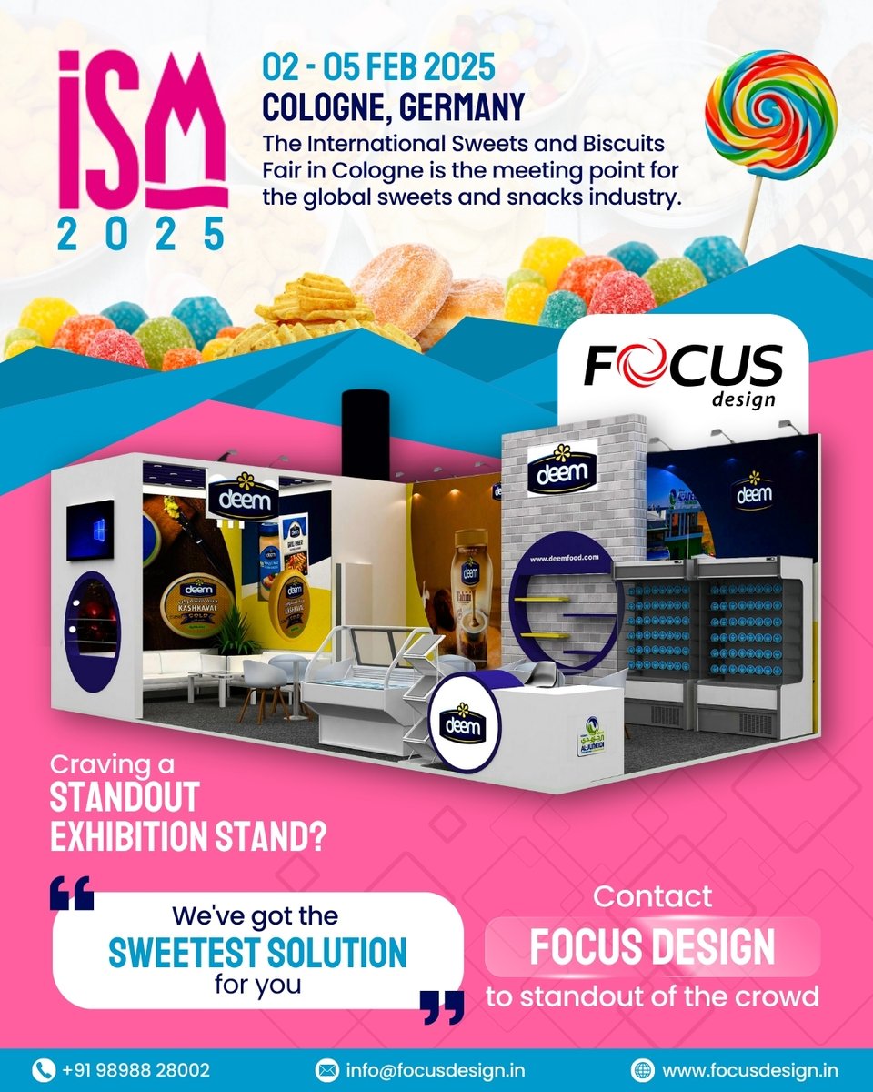 focusdesignIN's tweet image. Your brand deserves a stage as sweet as your products🍬

#ISMCologne2025, the place to be for the global sweets and snacks industry.🌍

Partner with #FocusDesign for an unforgettable #exhibitionstand ✨Call: +91 98988 28002
#exhibitionboothdesign #exhibitionstalldesign #foodexpo