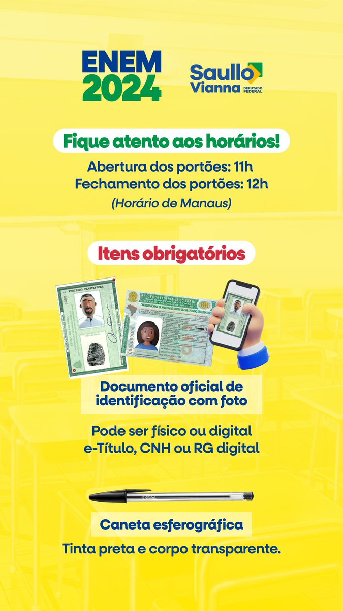 saullovianna's tweet photo. Amanhã é dia de ENEM! Fique atento ao horário e prepare-se com as últimas dicas para uma prova tranquila e de sucesso. Boa sorte, e lembre-se: confiança e foco são tudo!
#ENEM2024 #FocoNoENEM #BoaProva #ConfiançaENEM #DicasENEM https://t.co/BNgZ6aicRE