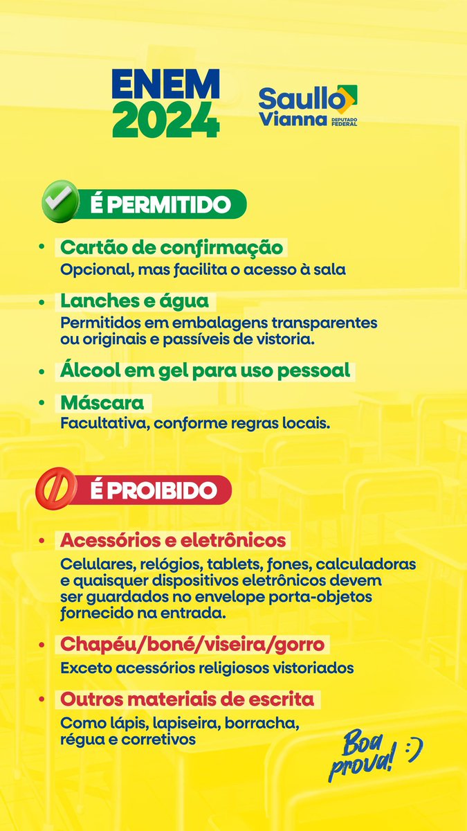 saullovianna's tweet photo. Amanhã é dia de ENEM! Fique atento ao horário e prepare-se com as últimas dicas para uma prova tranquila e de sucesso. Boa sorte, e lembre-se: confiança e foco são tudo!
#ENEM2024 #FocoNoENEM #BoaProva #ConfiançaENEM #DicasENEM https://t.co/BNgZ6aicRE