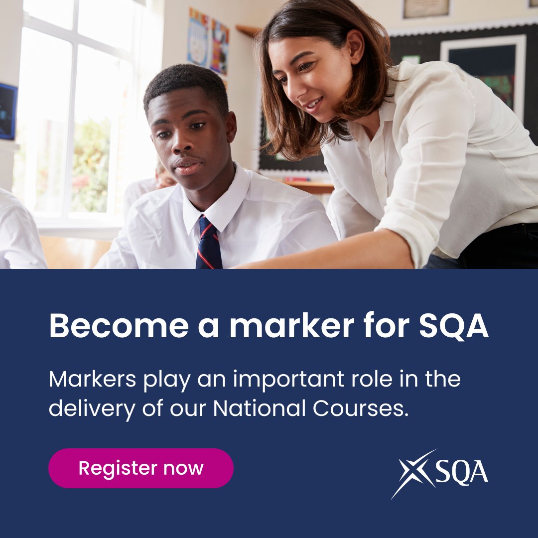 📣We're recruiting markers for the 2025 National Qualification exams.

If you join the thousands of other teachers and lecturers in undertaking this pivotal role, you'll be given full training and support.

Find more info and apply➡️ info.sqa.org.uk/SQA-marker