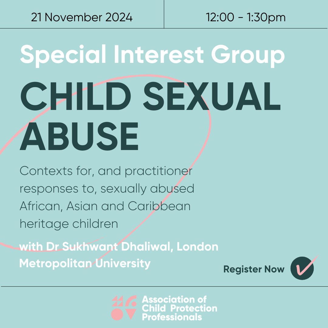 🎓 Join AOCPP’s online event on 21 Nov, 12:00-1:30 PM GMT:
“Contexts &amp; practitioner responses to sexually abused African, Asian, &amp; Caribbean heritage children” with Dr. Sukhwant Dhaliwal.

🆓 Free for members | £15 for non-members
🔗 Sign up now: childprotectionprofessionals.org.uk/events/special…