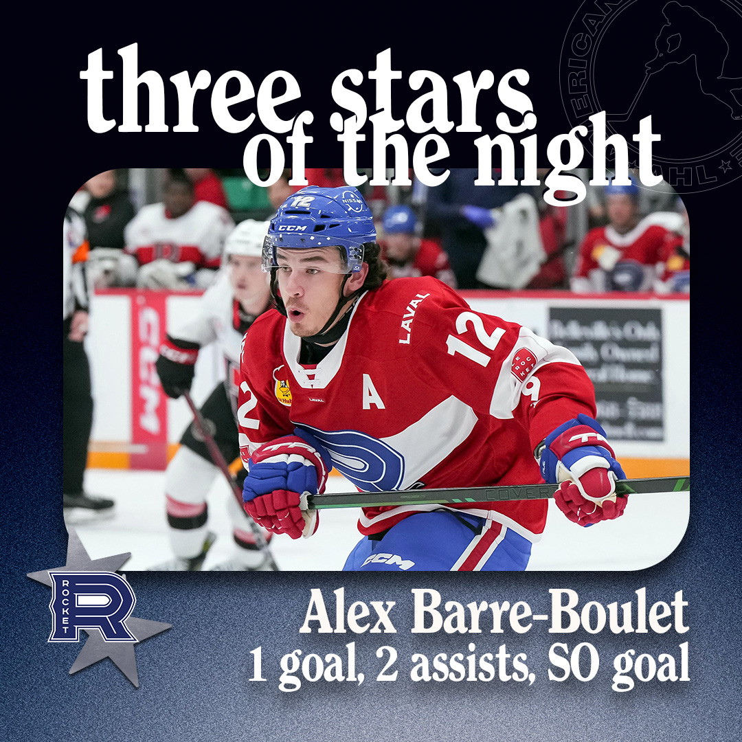 TheAHL's tweet image. Friday’s AHL Three Stars of the Night ⤵️

⭐️ Jagger Firkus @Firebirds
⭐️⭐️ Alex Barre-Boulet @RocketLaval 
⭐️⭐️⭐️ Isak Rosen @AmerksHockey