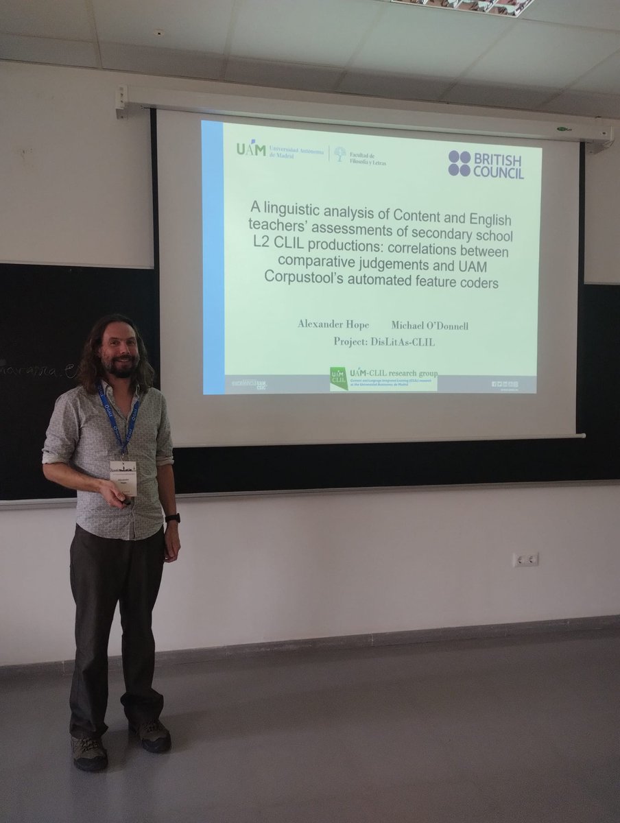 UAMCLIL's tweet image. Last week our colleague Alexander Hope (@dralexanderhop1) presented at #AEDEAN2024! 🎉 His paper, "A linguistic analysis of Content and English teachers'' dives into the correlations between teacher's CJ judgments and UAM Corpus Tool coders.
#AEDEAN #CLIL #CorpusLinguistics