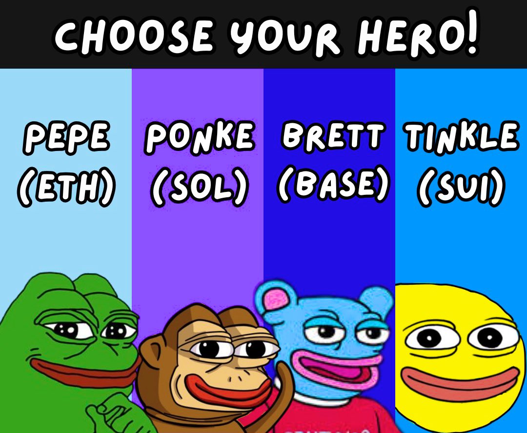Tinkle Vs the Chain Mascots!

No of X to match their market caps 
Pepe - 16000x
Brett - 3150x
Ponke - 1000x

Tinkle is the people’s champion!