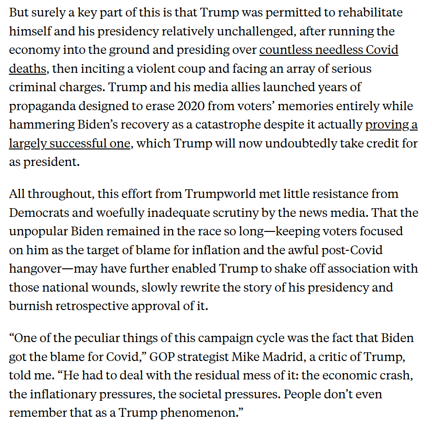 As many have pointed out, Dems faced the same environment that has been taking out incumbent parties everywhere. A big part of this, however, is that Trump was allowed to rehabilitate himself and his first term relatively unchallenged by the media.

newrepublic.com/article/188238…