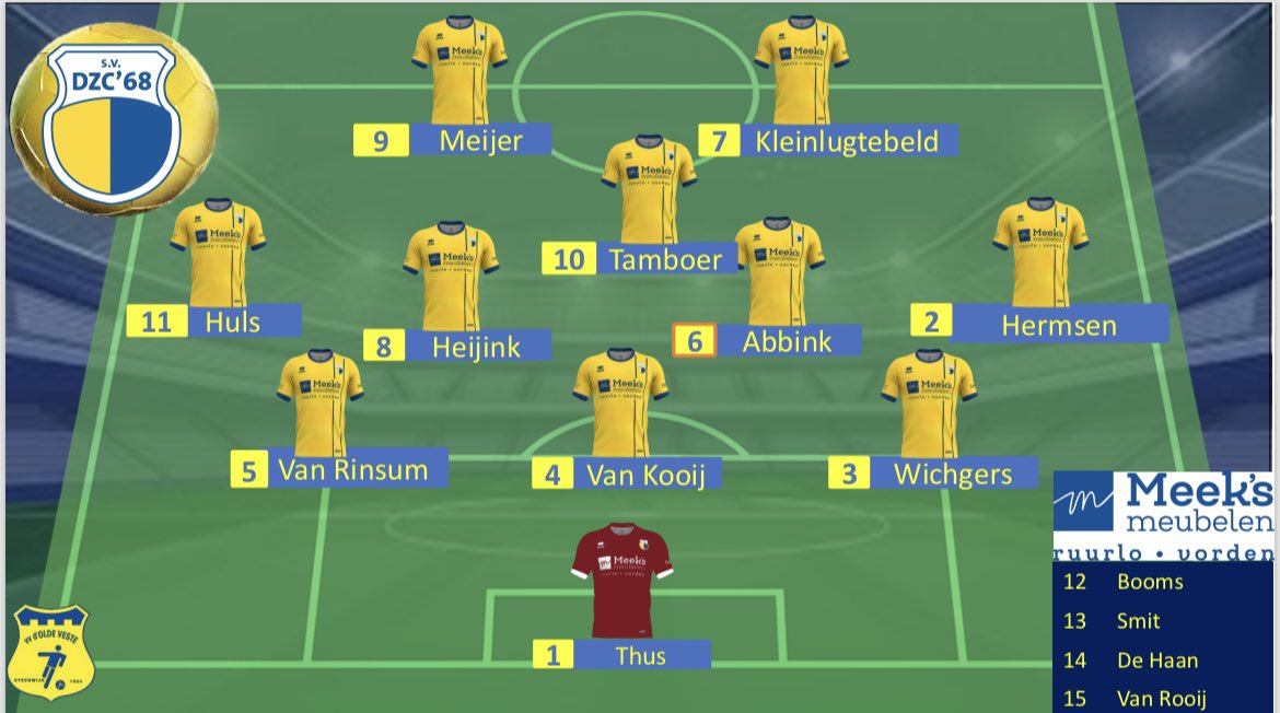 DZC ‘68 speelt vanmiddag om 15:00 tegen d’Olde Veste uit Steenwijk. De opstelling van de thuisploeg:

<a href="/vierdedivisie/">vierdedivisie</a>
