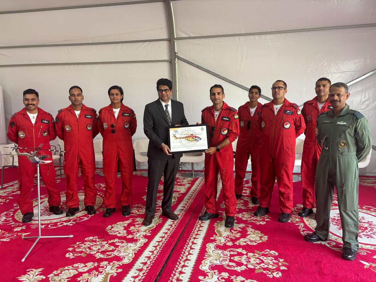 Ambassador H.E. Mr. Vinod K Jacob, met the visiting Indian Air Force delegation from Air Headquarters &amp; Sarang Display team. 

The Indian Air Force Helicopter Aerobatic Air Display team, Sarang, is in 🇧🇭 to participate in #BahrainInternationalAirShow scheduled from 13-15 Nov 24.