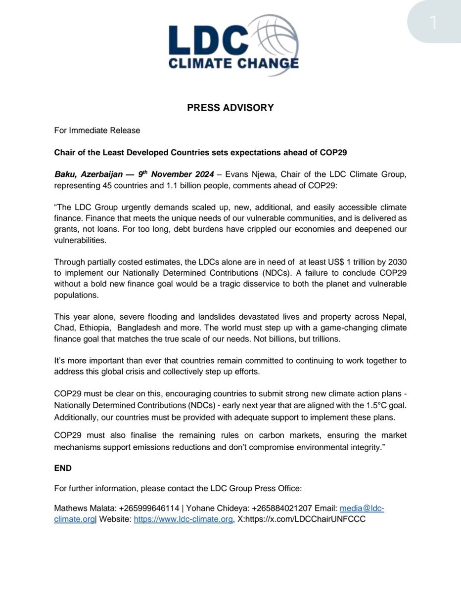 In this Press Advisory, we urgently demand scaled up, new, additional, and easily accessible climate finance. Countries must submit 1.5 °C aligned climate action plans (NDCs).
Read full Press Advisory  :ldc-climate.org/press_release/…

#COP29 #ClimateAction