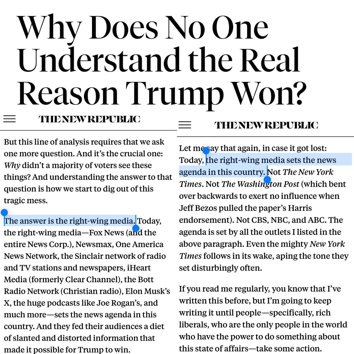 From <a href="/mtomasky/">Michael Tomasky</a>: “The answer is the right-wing media… right-wing media sets the news agenda in this country… they fed their audiences a diet of slanted &amp; distorted information that made it possible for Trump to win…” newrepublic.com/post/188197/tr…