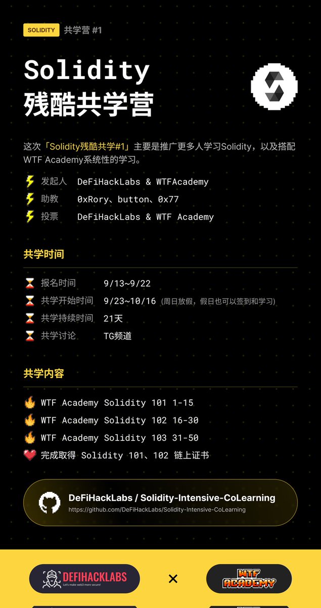 DeFiHackLabs 和 WTF Academy 共同举办的 21 天 Solidity 共学圆满结束！

近 60 名学生成功完成了共学，并免费 mint 了 WTF Solidity 链上证书 🏅 

另外有 6 名优秀参与者获得了共学奖学金，恭喜你们！