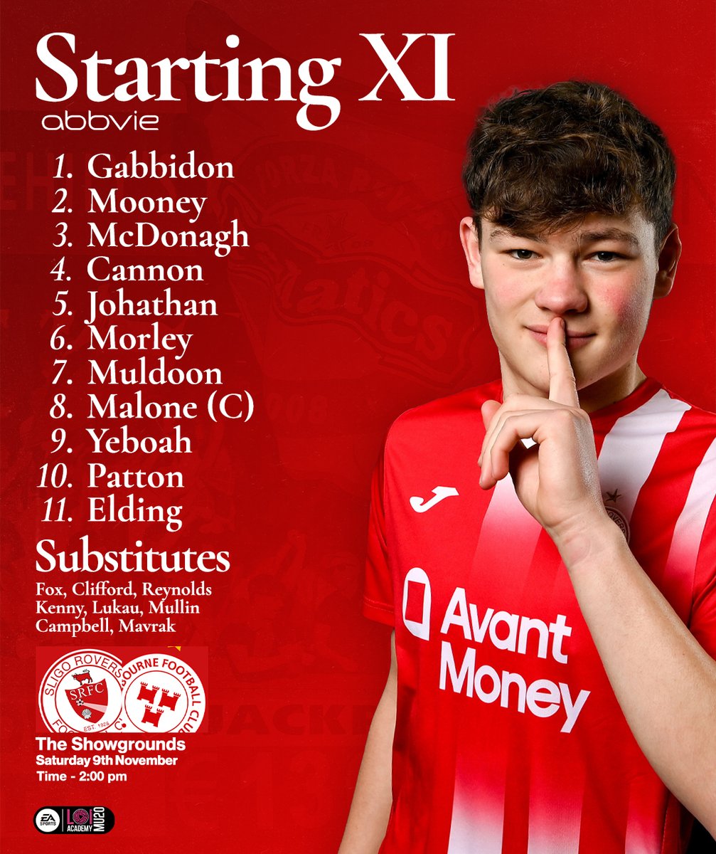 sligorovers's tweet photo. Starting XI 🔴⚪️

Here’s our starting XI for todays’s Final against Shelbourne 🚨

Elding leads the line up front, with Patton, Morley, and captain Shea Malone in midfield today

#Bitored | #Since1928 https://t.co/YQS0J42Kud