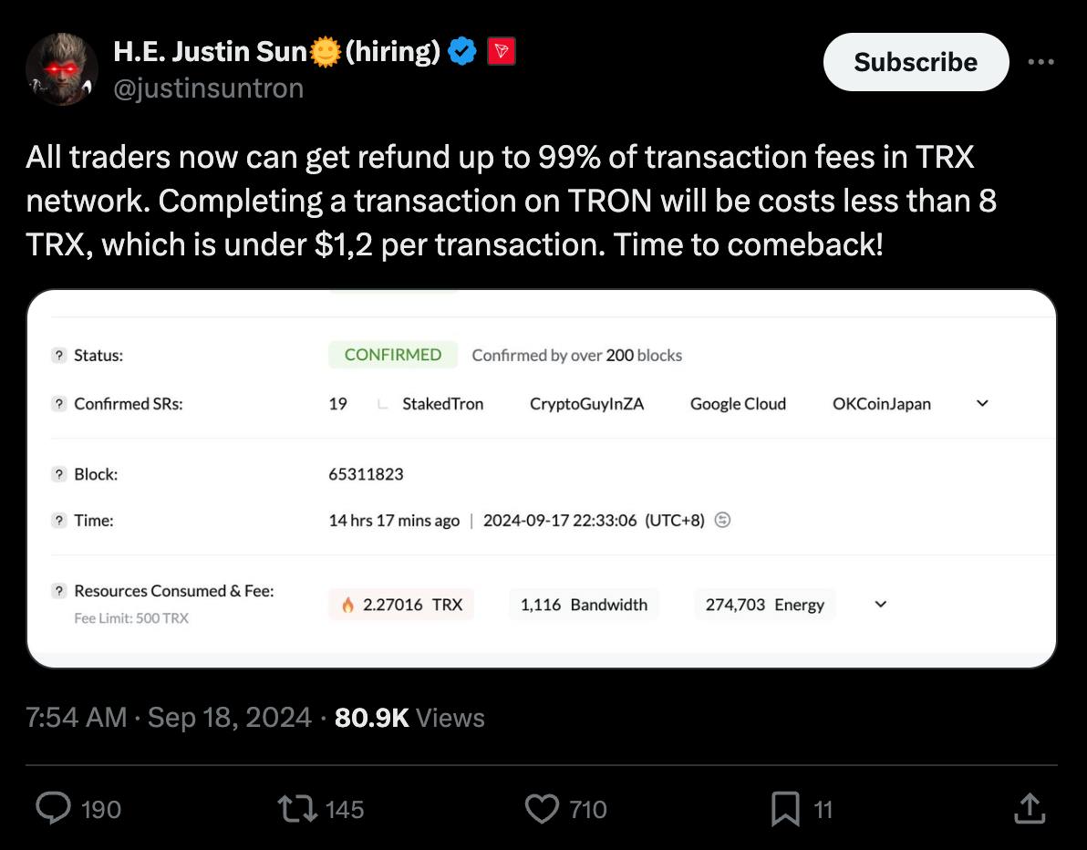 AZalmer's tweet photo. @nanogamesio In an exciting update for the crypto community, Justin Sun, founder of TRON, has announced a refund program offering up to 99% of fees paid on transactions across the TRON network. - https://t.co/BsguCcEriC https://t.co/AXtBrQbakE