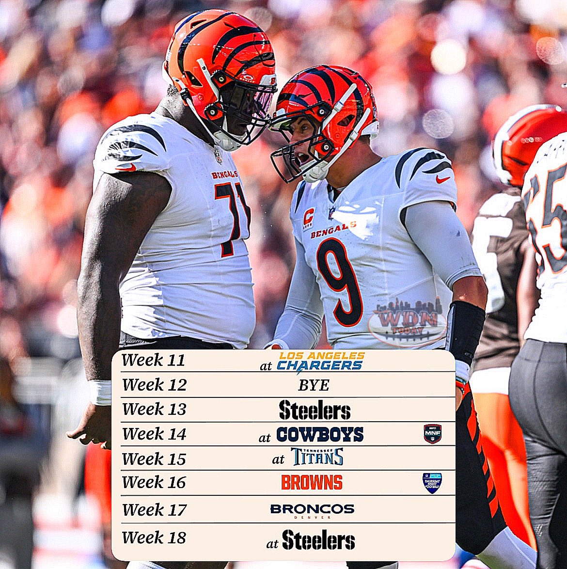The #Bengals remaining schedule.

Sitting at 4-6 on the season, what will their final record be?? #WHODEY #NFL