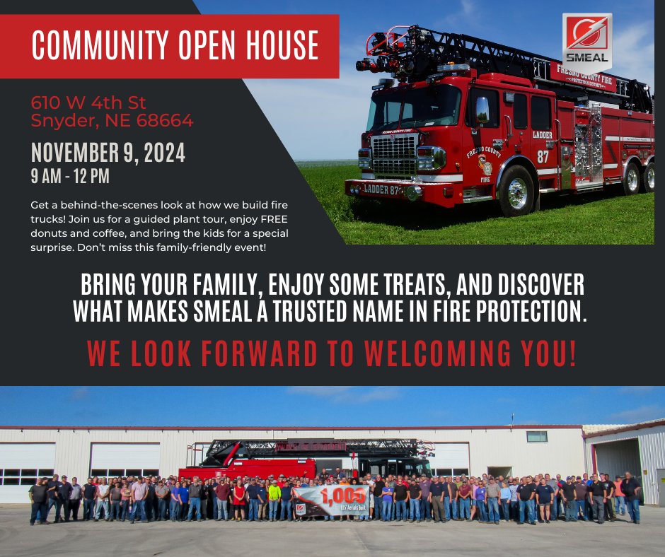SmealFire's tweet photo. Today is the day! Bring the family to our Community Open House this morning and learn how Smeal fire trucks are made! Free coffee and donuts! Plus a surprise for the kids! #Smeal #firetruck #SnyderNE #FamilyFriendlyEvent #OpenHouseEvent https://t.co/IDZoE6OP2d