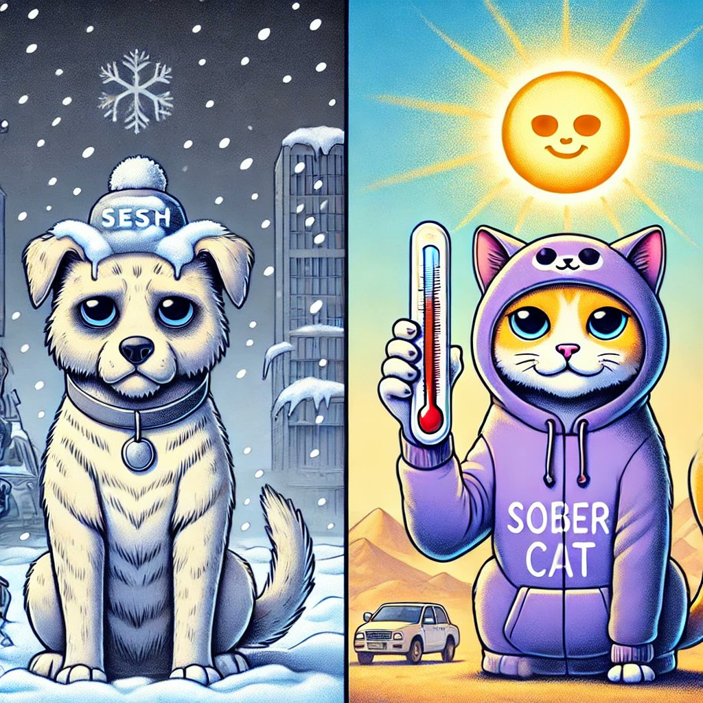 DualityTail's tweet photo. Self Love Thermometer ☯️
Two sides of self-love: #seshdog struggles in the cold, feeling low, while #sobercat thrives in the warmth, radiating positivity. This contrast reflects their emotional states—sometimes our inner world shapes the climate we feel. https://t.co/vb0dIRm35S