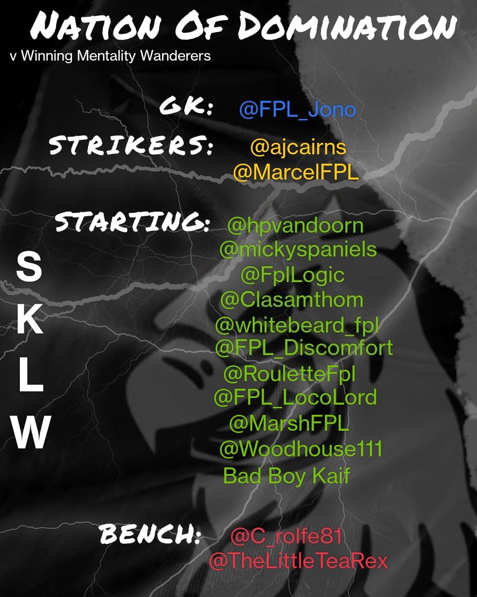 The Nation Of Domination (@dominatefpl) on Twitter photo After our first win of the season last week, we now face a battle to stay away from the bottom of the league. We play Winning Mentality Wanderers this week!
<a href="/FPL_Jono/">FPL Jono</a> in goal, <a href="/ajcairns/">Andy Cairns</a> and <a href="/MarcelFPL/">Marcel</a> up top. Bring it home guys!!!
#fpl <a href="/OfficialSKLW/">Strikers Keepers Losers Weepers</a> After our first win of the season last week, we now face a battle to stay away from the bottom of the league. We play Winning Mentality Wanderers this week!
<a href="/FPL_Jono/">FPL Jono</a> in goal, <a href="/ajcairns/">Andy Cairns</a> and <a href="/MarcelFPL/">Marcel</a> up top. Bring it home guys!!!
#fpl <a href="/OfficialSKLW/">Strikers Keepers Losers Weepers</a>