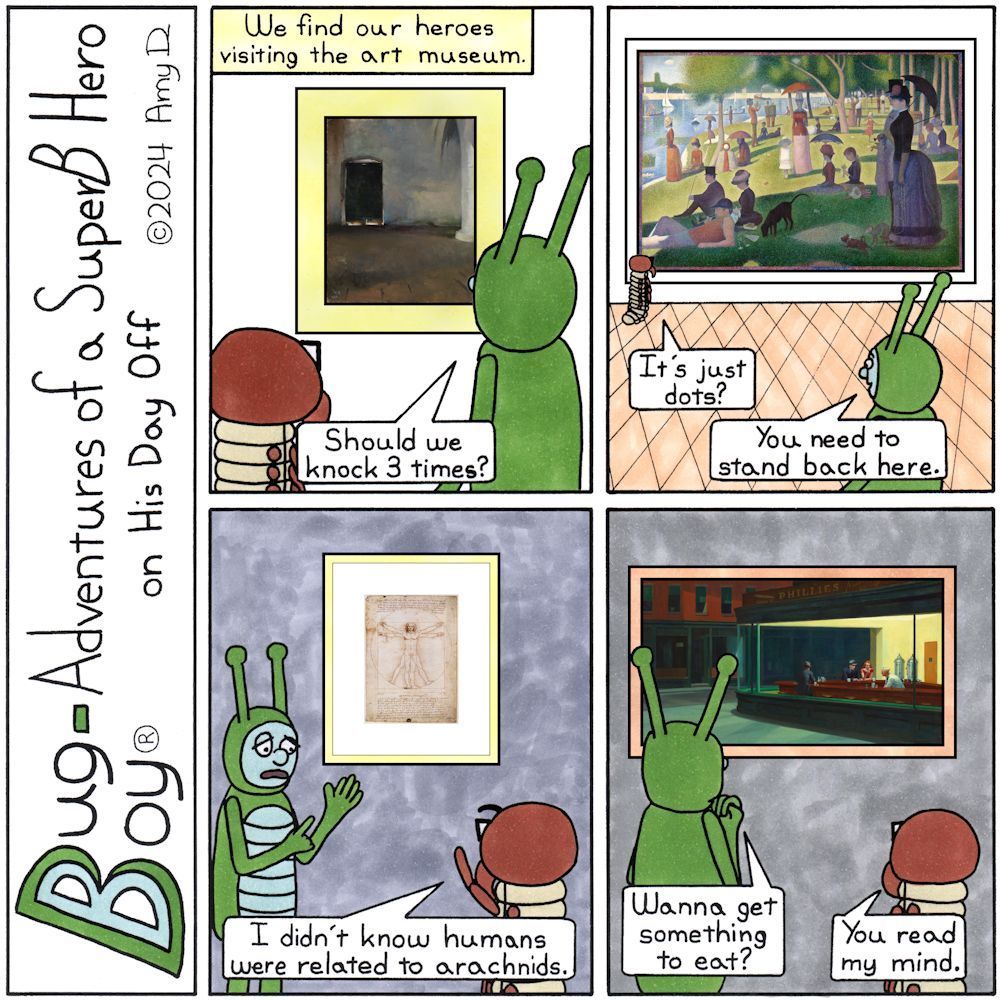 BugBoyComics's tweet photo. This week: Some actual art! (Because I certainly can’t draw)
Today is Go Visit an Art Museum day, but if aren’t able to, you can have your own “art” by purchasing Bug Boy strip prints. Available in Square &amp; Strip
https://t.co/7PesmDlnzM
#BugBoyComics
#ComicArtist #Comics #BugArt https://t.co/w1cgLOdsgv