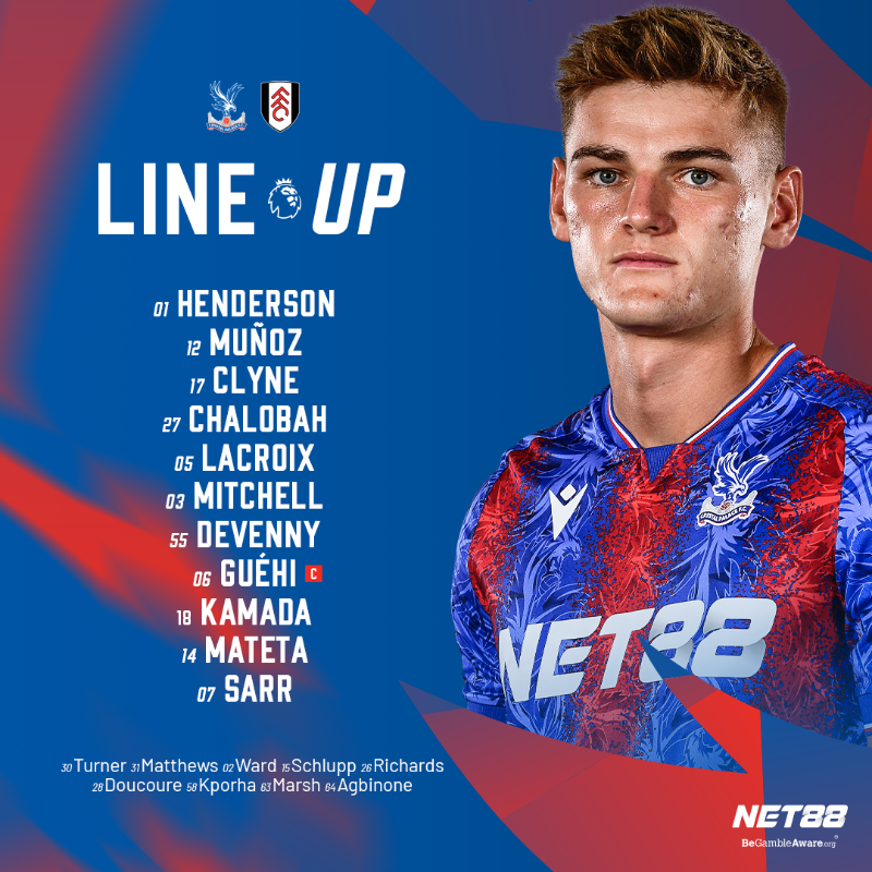 CPFC's tweet photo. Justin Devenny starts in South London 💪

Your Palace XI to take on Fulham ❤️💙

#CPFC // #CRYFUL