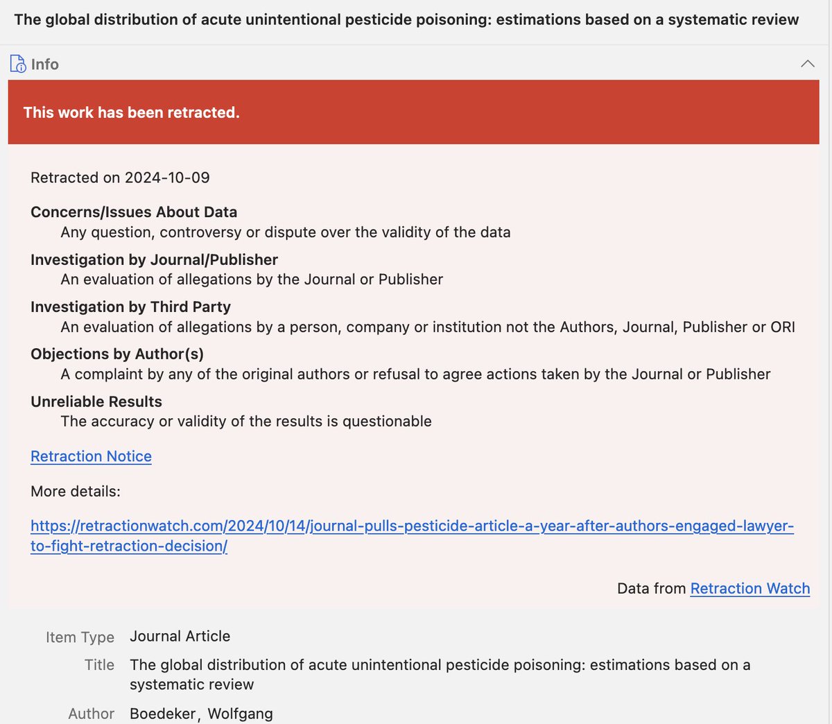 This is the first time Zotero notified me that a published article is in dispute. I find the function super useful.