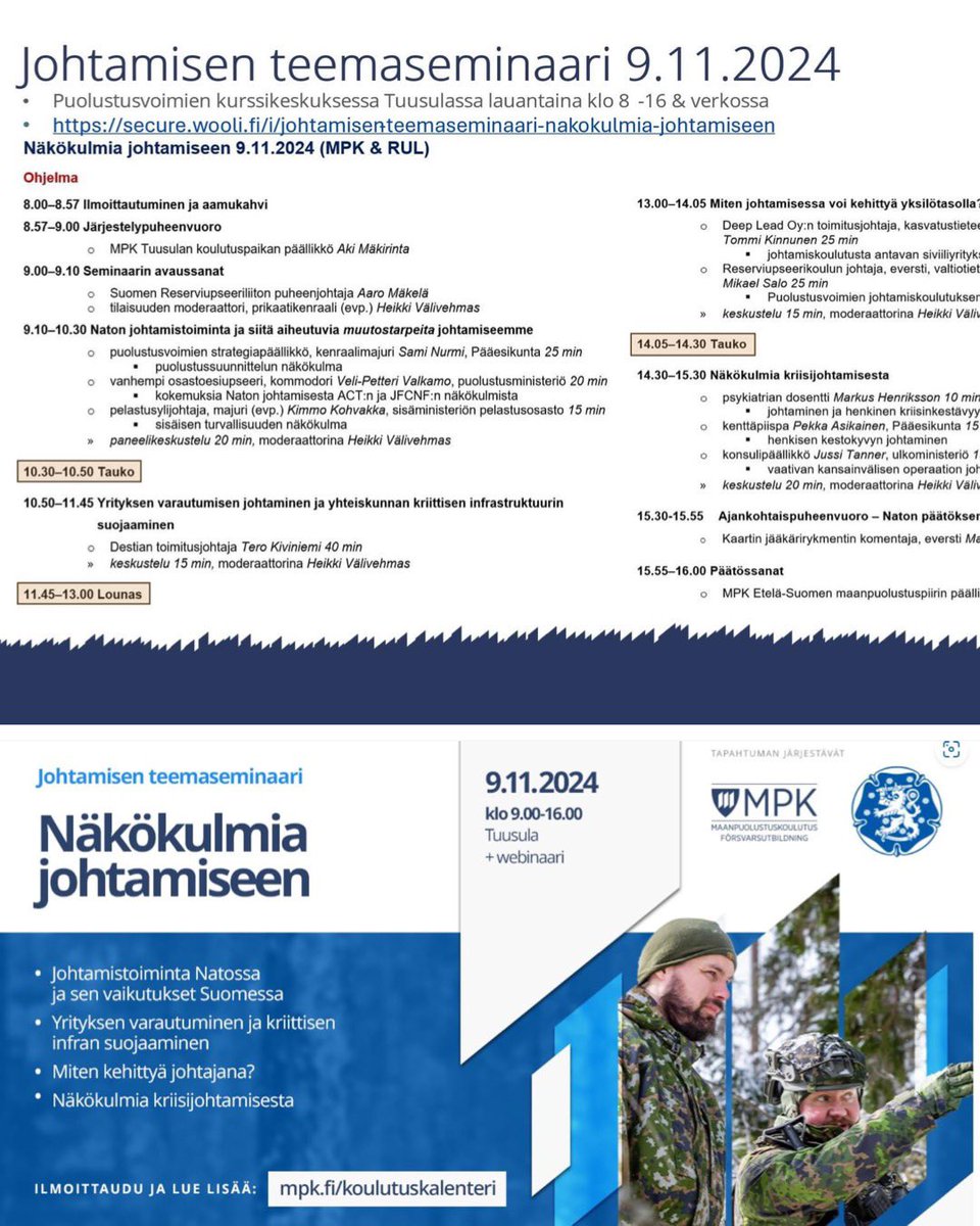 Johtamisen teemaseminaari, tärkeissä #valmius #varautuminen aiheissa:  Naton johtamisjärjestelmä, yritysten varautuminen, kriit.infran suojaaminen, näkemyksiä resilienssista ja kriisijohtamisesta, johtamisen kehittämisestä. Upeat asiantuntijat, hyvät keskustelut. Kiitos #mpk #rul