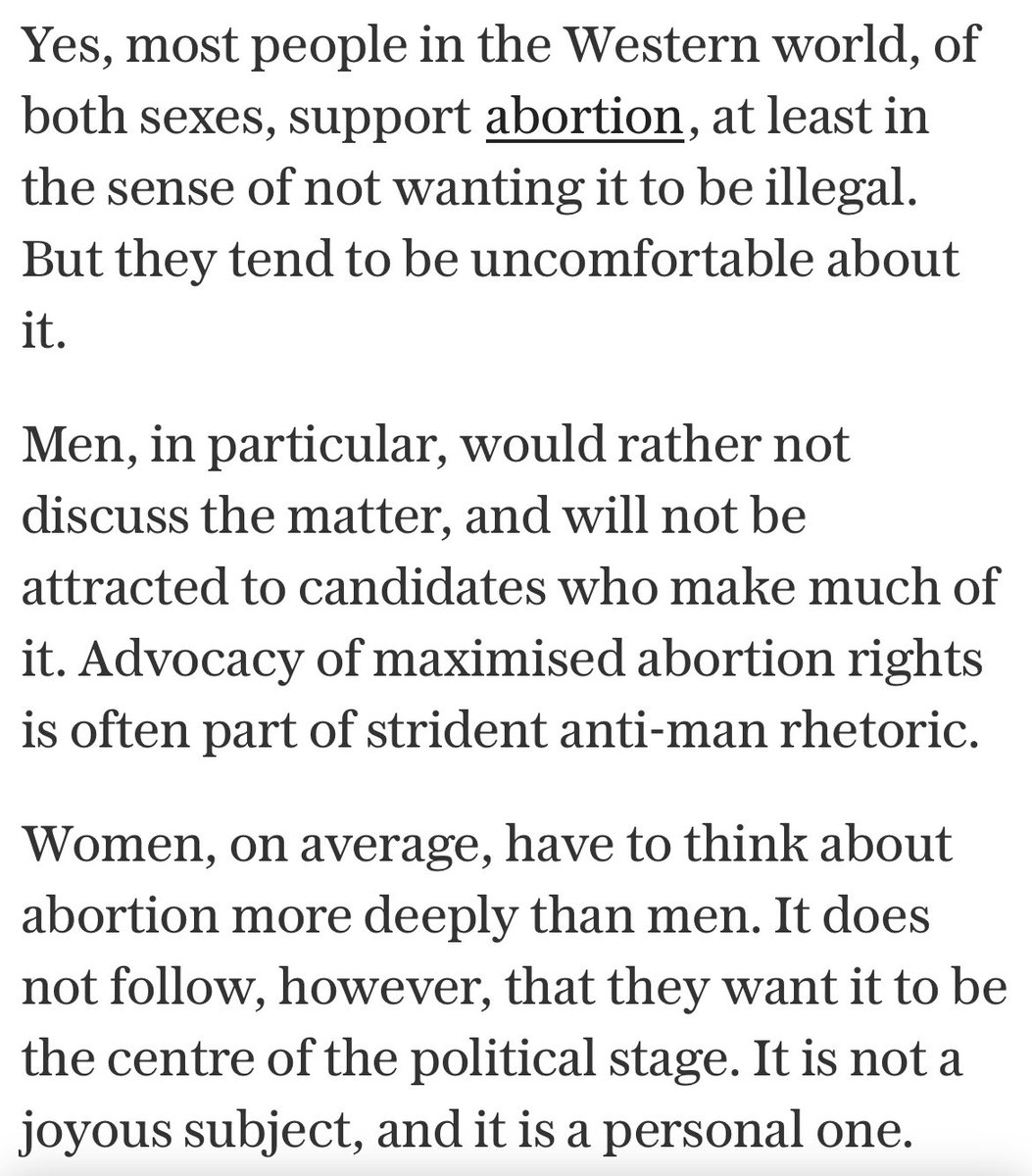 This from Charles Moore in the Telegraph reveals how quickly trumpian logic being deployed in UK. 

Wanting women to have access to abortion and to have that without threat of criminal action or shame isn’t anti men. It’s pro women being able to live - and live as equals.