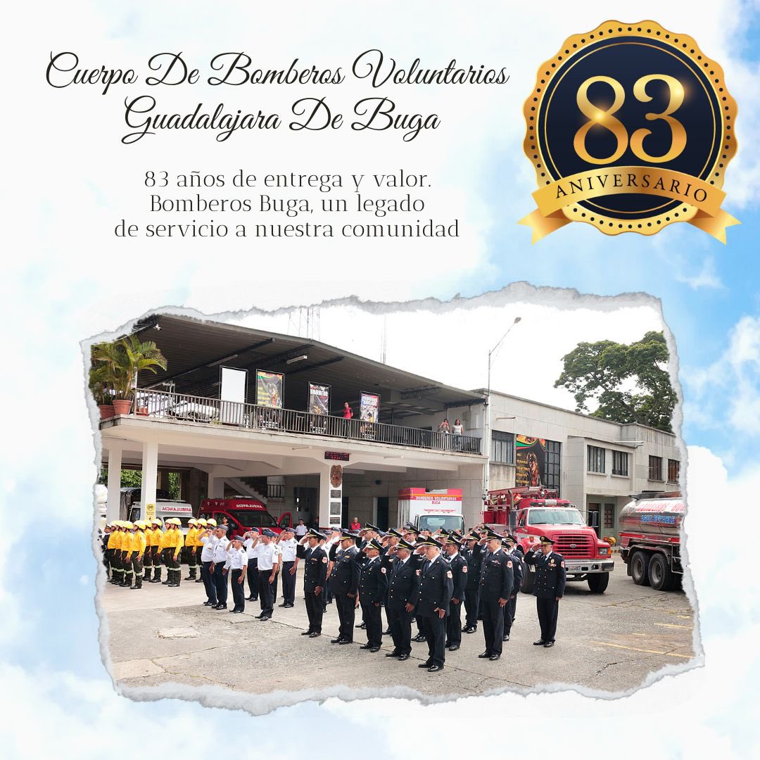 BomberosBuga's tweet photo. ¡Hoy celebramos 83 años de servicio y dedicación a nuestra comunidad!En Bomberos Buga estamos orgullosos de nuestra historia y de cada uno de los hombres y mujeres que han formado parte de este camino, brindando su compromiso, valor y entrega incondicional.🚒❤️#83AñosDeServicio https://t.co/Xmbu16DnNZ