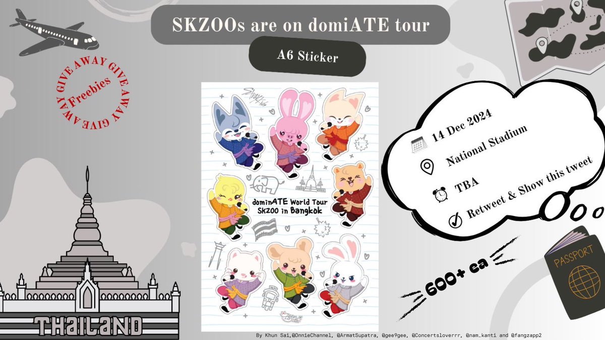 Concertsloverrr's tweet photo. 🎁 [Freebies/GIVEAWAY]  at #dominATE_BKK 🎁

มารับกันเยอะๆ นะคะ พวกเราแจกเยอะมากจริงๆ ค่ะ 🥰 กลัวไม่หมด 🥺

SKZOOs are in Bangkok series 🇹🇭

🆕 Plastic hand fan: 800 ea (100 each member) 
🆕 Keyring: 40 ea
❤︎ A6 Sticker: 600+ ea
❤︎ Bead Bracelets + Photo cards + Sticker  + Photobooth film: 100 sets 

 🗓 December 14th, 2024 
📍  National Stadium 
⏰️  TBA 

Artist: @JeenLOJ 

Pls help retweet and show 🙏🏻