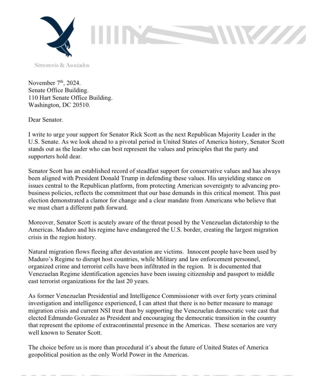 Simonovis's tweet photo. Ivan’s Simonovis Backs @senrickscott for Senator Majority Leader. Is Time for new leadership the venezuelan community is calling for real change, not a continuation of status quo, and senator Scott embodies that Change.  We urge Republican Senators to stand with the Latino community just as we stood with your election and support Rick scott as Senate Majority Leader.”  support @mariacorinaya @edmundogu
@realerikdprince #STOPMADUROACT @nicolasmaduro @dcabellor