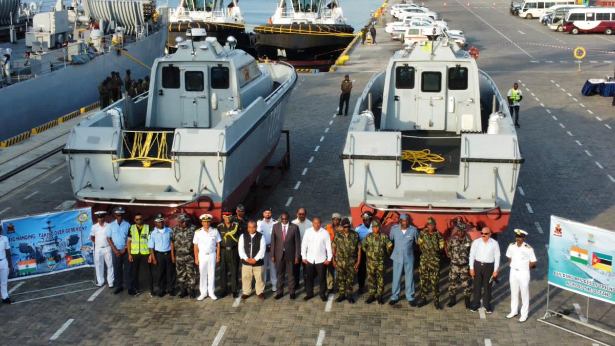 indiannavy's tweet photo. #INSGharial arrives at Nacala Port, Mozambique!
Towards fostering & strengthening #maritimesecurity in the region & building #BridgesofFriendship, the #IndianNavy handed over two Fast Interceptor Crafts to the #MozambicanArmedForces. 

A significant moment for the GoI's Vision of #SAGAR & #India - #Mozambique partnership through #DefenceCooperation. 🇮🇳-🇲🇿 🤝

@IN_HQENC @IN_EasternFleet
@IndiainMoz https://t.co/eJ1zPjrAD5