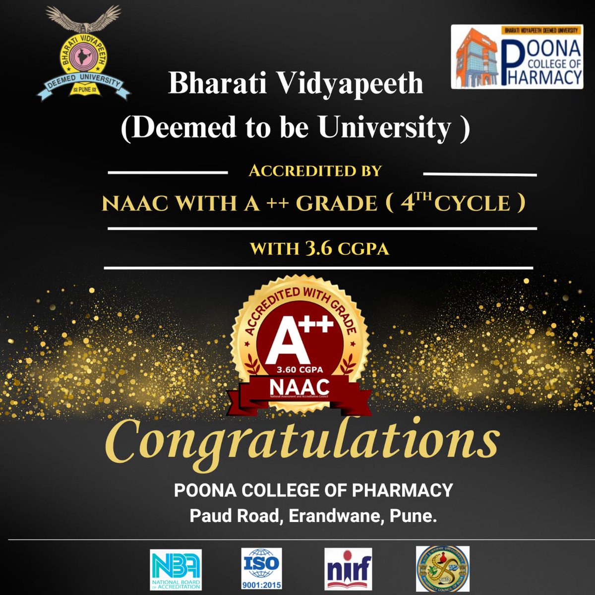 "Proud Moment
Bharati Vidyapeeth (Deemed to be University) shines again
We're thrilled to announce our re-accreditation with A++ Grade (3.6 CGPA) by NAAC.
This achievement reaffirms our commitment to excellence in education, research, and innovation.
#BVDU #NAAC