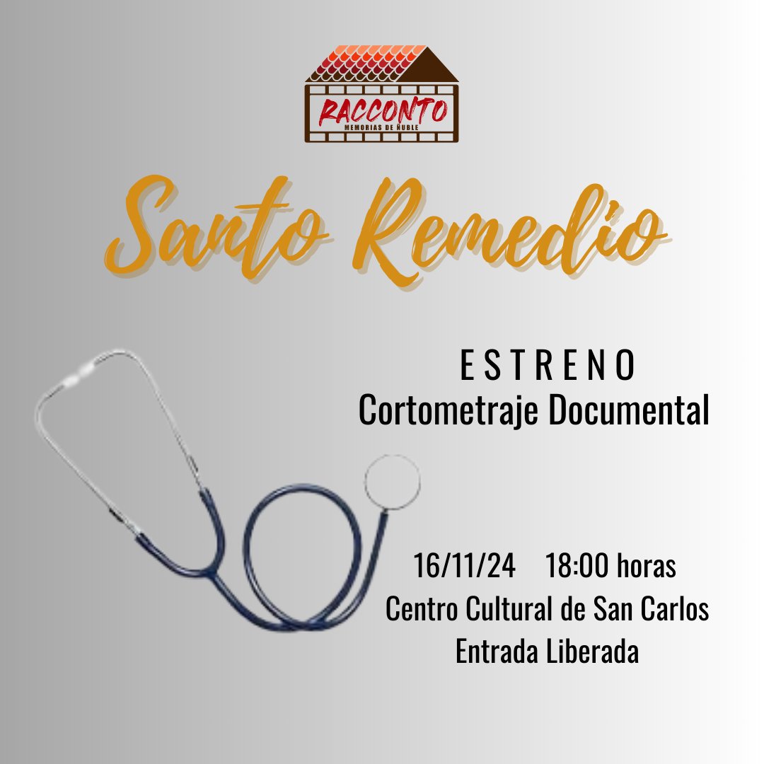 raccontonuble's tweet photo. Con mucho orgullo 💖 desde @raccontonuble anunciamos el #estreno 🎥 del cortometraje documental "Santo Remedio", en el que repasamos la vida de quienes dan nombre a los tres principales centros de salud de #SanCarlos.

#EntradaLiberada

¡Les esperamos! 😄 https://t.co/GnhOur9HBA