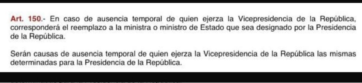 ¡Brillante!
Técnicamente, la ministra de Trabajo -sí, la misma del juicio de «traición a la Patria»🤦🏽- acaba de DESTITUIR a la vicepresidenta. Fuera de licencia  otorgada por la Asamblea, la ausencia temporal es máximo de 90 días, art. 146 y 150 de la Constitución, pero la