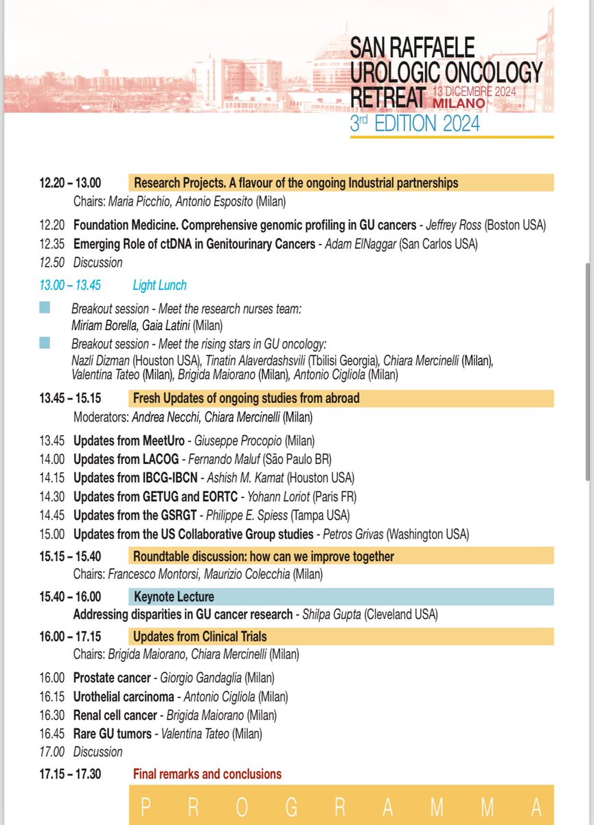 Andrea Necchi (@andreanecchi) on Twitter photo Dear Colleagues and friends,
welcome to the 2024 <a href="/SanRaffaeleMI/">Ospedale San Raffaele</a> GU Oncology Retreat!
We have come to the third edition of our meeting, and I have seen it growing fast in the past few years to become one of the most internationally attended meetings in GU oncology in Italy.
This Dear Colleagues and friends,
welcome to the 2024 <a href="/SanRaffaeleMI/">Ospedale San Raffaele</a> GU Oncology Retreat!
We have come to the third edition of our meeting, and I have seen it growing fast in the past few years to become one of the most internationally attended meetings in GU oncology in Italy.
This