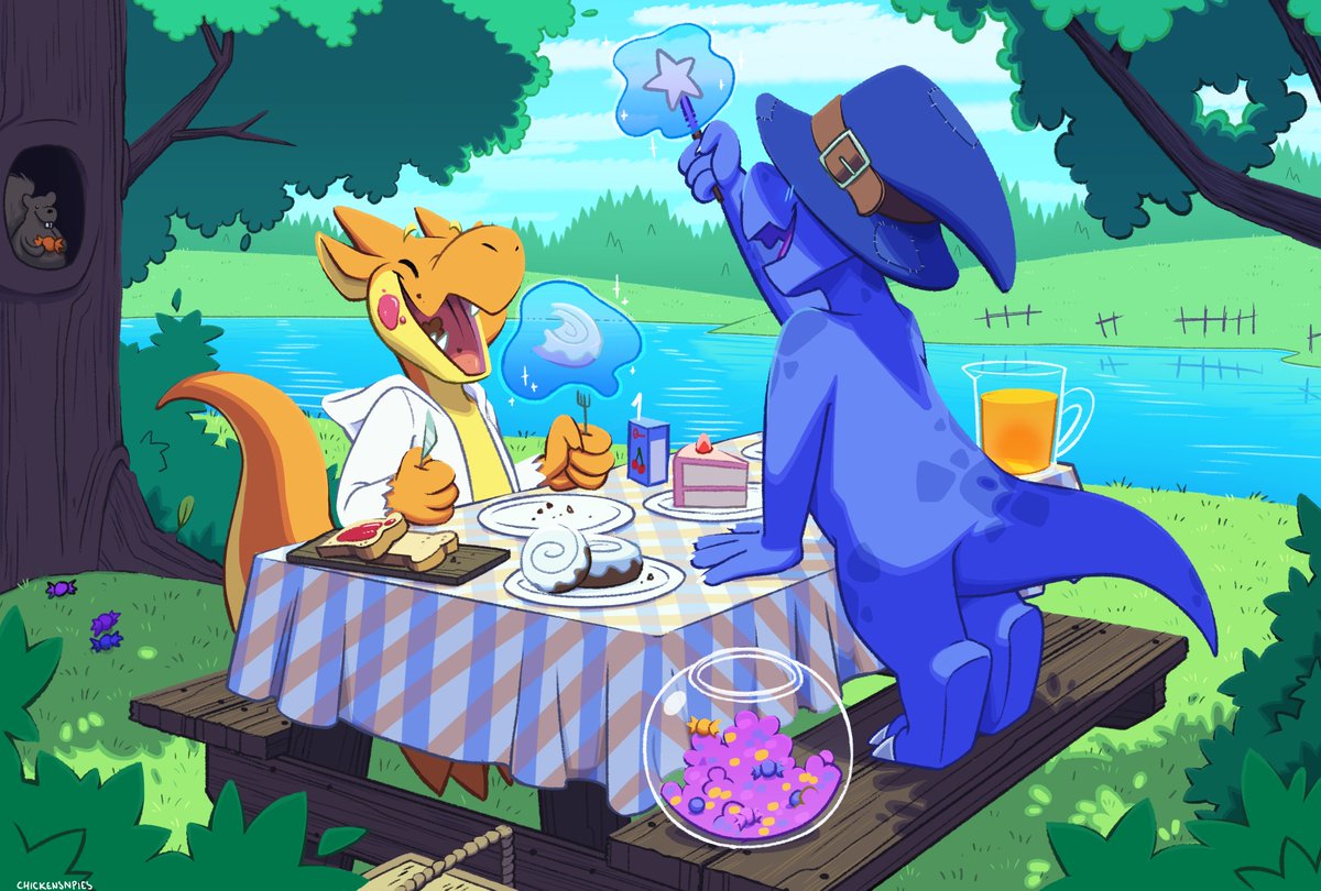 cosmokobold's tweet photo. picnic with @saphirkobold! <3 (drawn by chickensnpies!) https://t.co/3baHZceg39