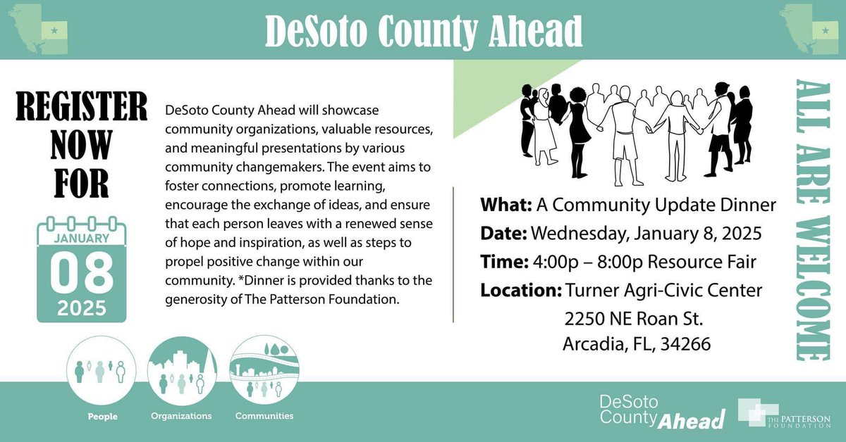 DeSoto County Ahead 2025 is scheduled for January 8th at the Turner Center in Arcadia. There will be over 50 organizations sharing resources, great food, a community update &amp; more. This event is free &amp; open to all thanks to <a href="/ThePattersonFdn/">The Patterson Foundation</a>. Register Here: qrs.ly/bjg4o0w