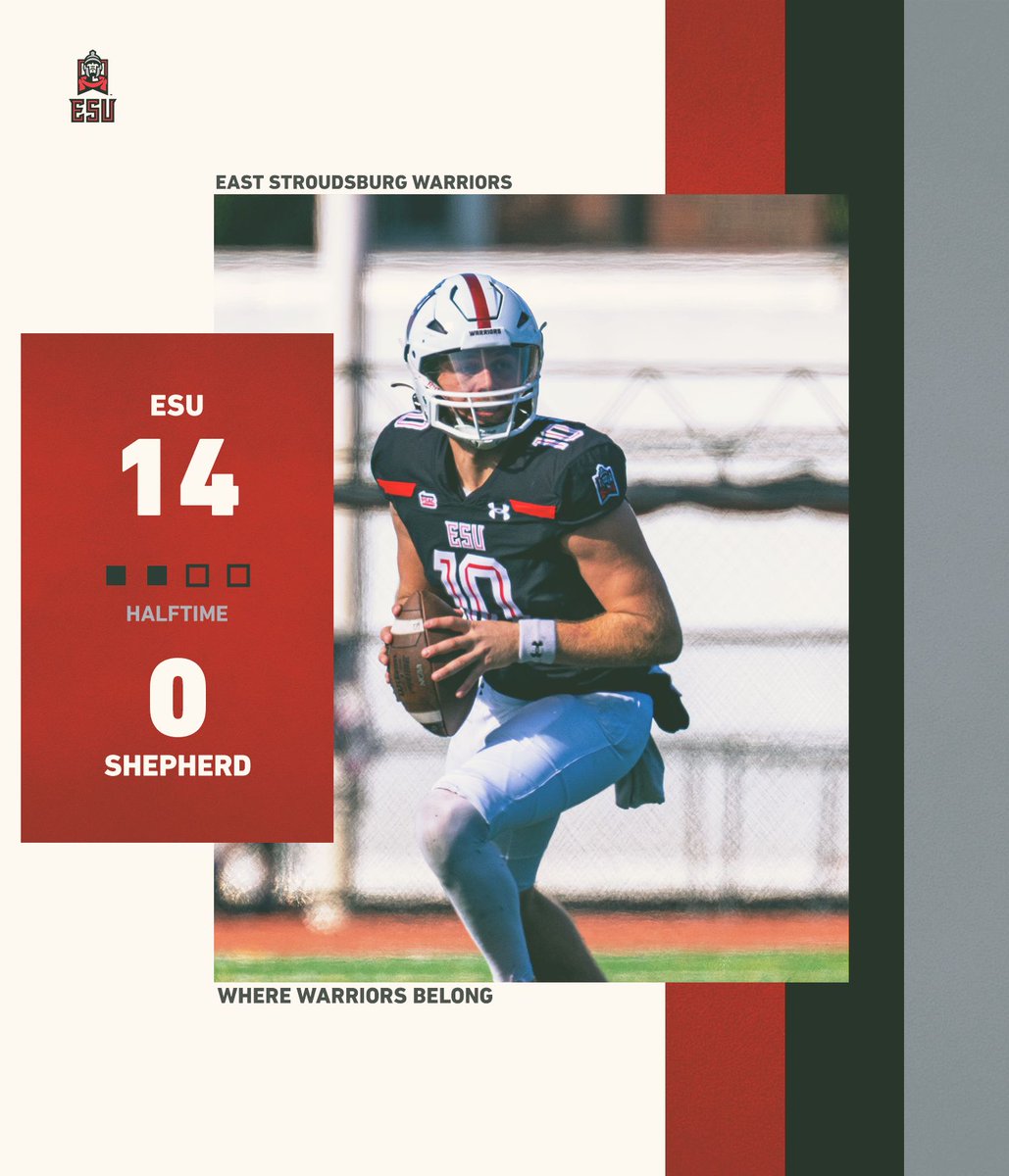 ESUWarriors's tweet image. The Warriors lead 14-0 at halftime! 

Sean McTaggart opened the scoring with a one-yard rush and found Evan Roche for a score. He has completed 12-17 passes in the first half. The Warrior defense holds SU to 92 yards on 23 plays.

#WhereWarriorsBelong