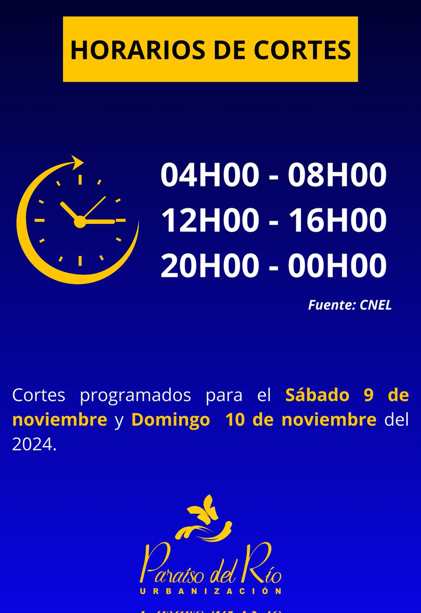 Estimados Residentes, informamos los cortes de luz para el 9 y 10 de noviembre del 2024 👇👇👇