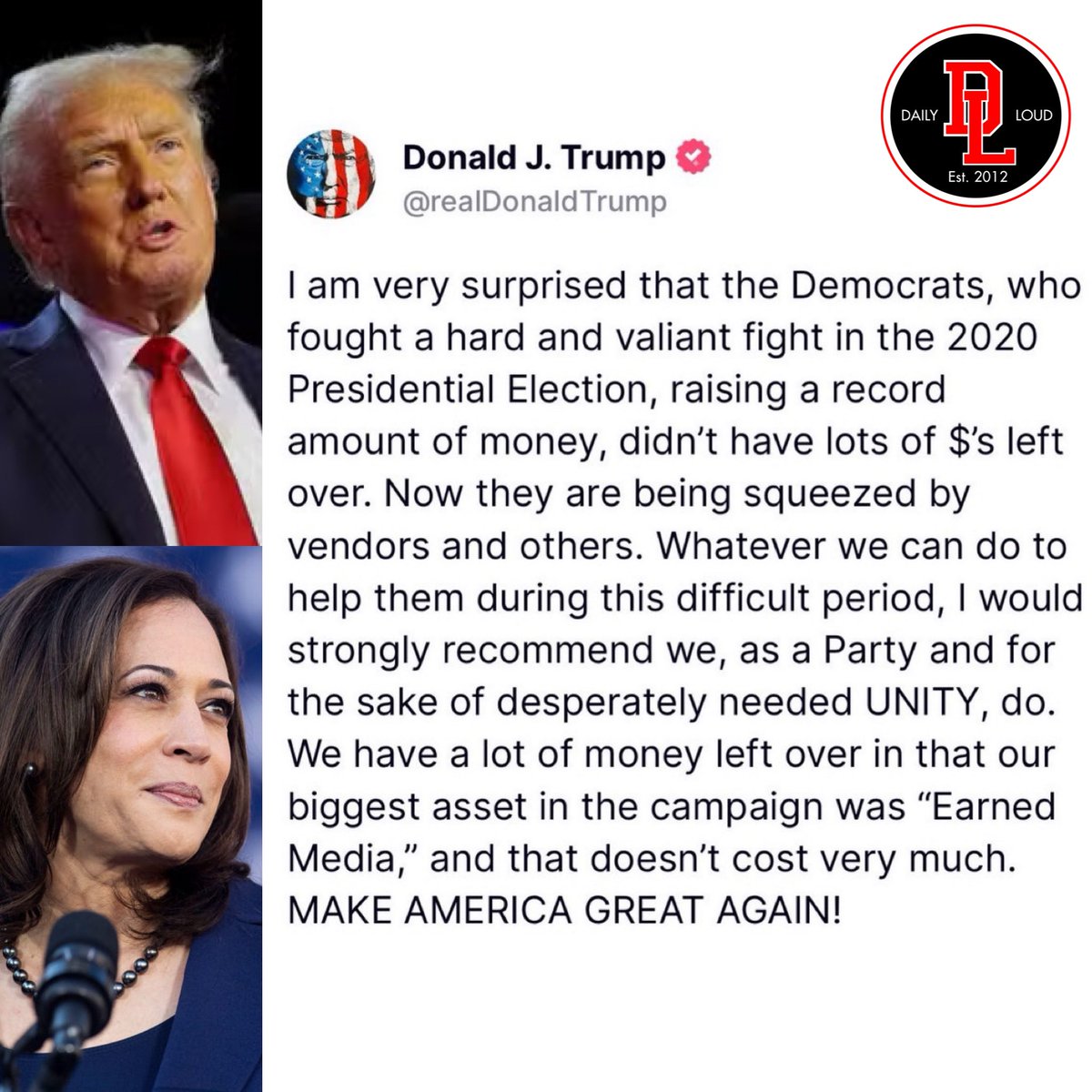 DailyLoud's tweet photo. Donald Trump is now offering to help pay off Kamala Harris’ presidential campaign debt:

“Whatever we can do to help them” https://t.co/zeWf4bFcoW