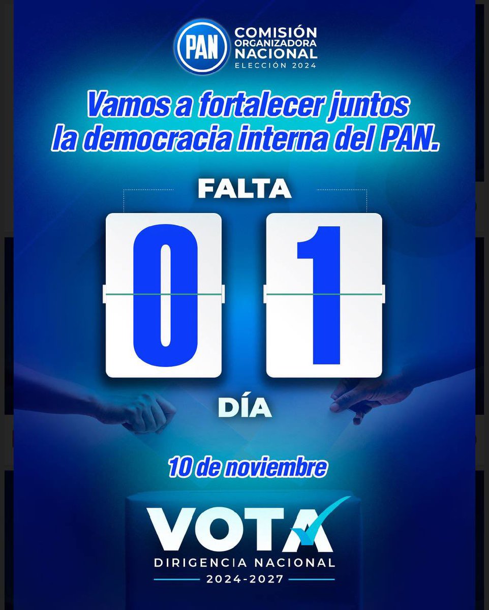 CONECEN_2024's tweet photo. ¡Mañana es el gran día! 

Todos los panistas estamos llamados a participar en esta elección. El futuro del PAN lo construimos juntos. ¡Vota!

#ElecciónPAN2024 https://t.co/jqI3SUqX8F