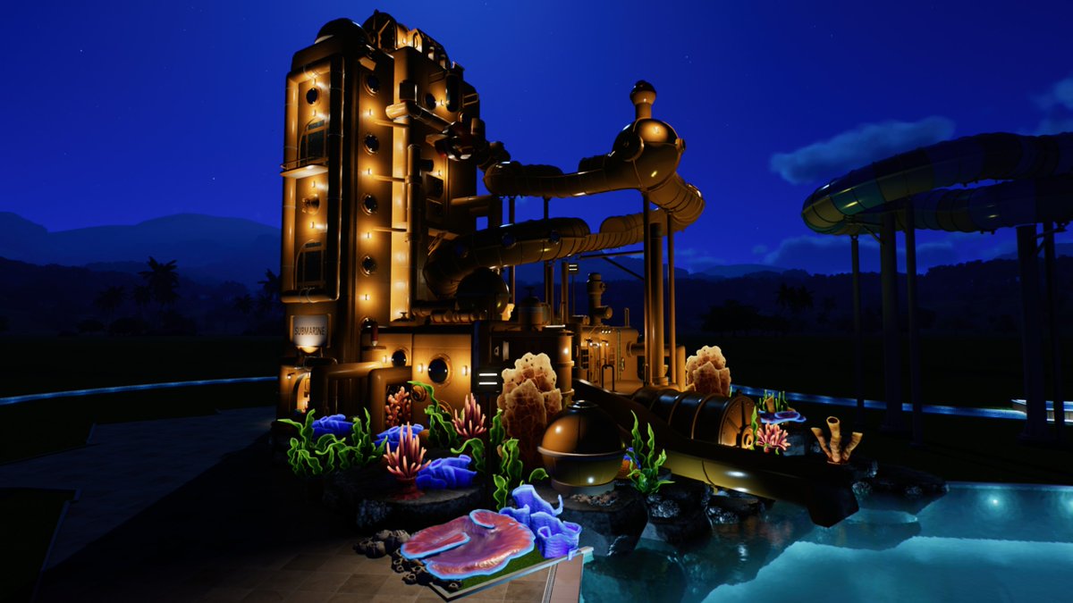 FlossCotton1's tweet photo. Added submarine theming to the in game tube flume, Singularity, and renamed it "Submarine" very exciting name. #PlanetCoaster2 available on the workshop 🐠🪝 https://t.co/bWJGoX0s44